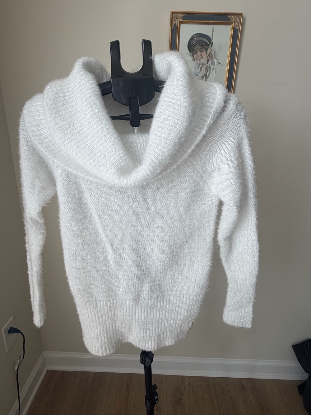 Nine West White Fuzzy Cowl Neck Sweater XS Off Shoulder Sparkle Knit